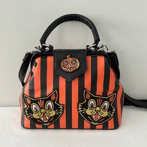 SOURPUSS Halloween Doctor Bag Striped Orange Black Cat Pumpkin Crossbody Purse